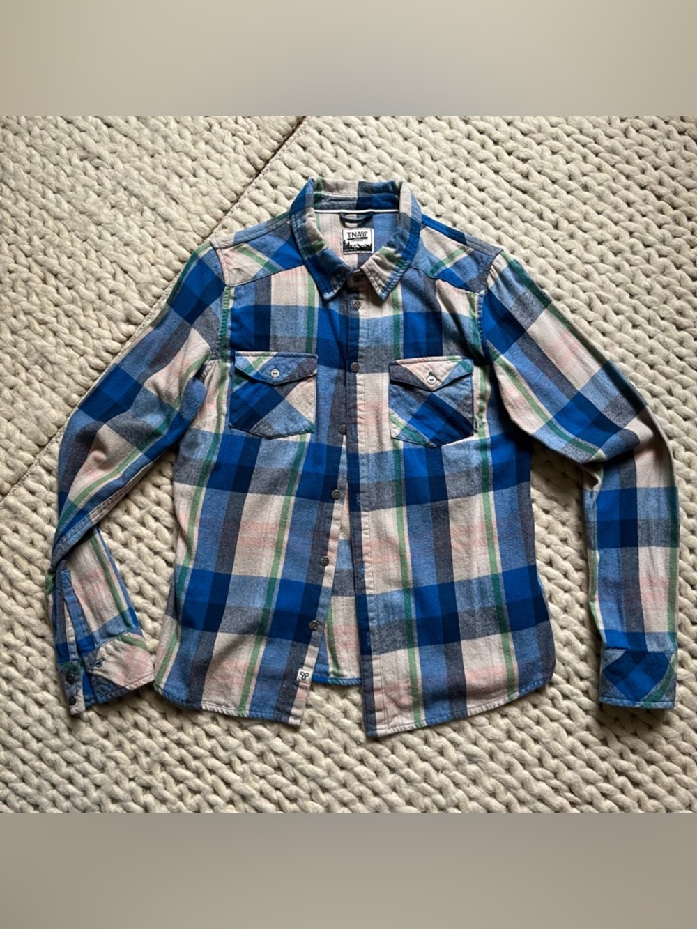 tna Blue and Green Plaid Long-Sleeve Button-Down Shirt | large